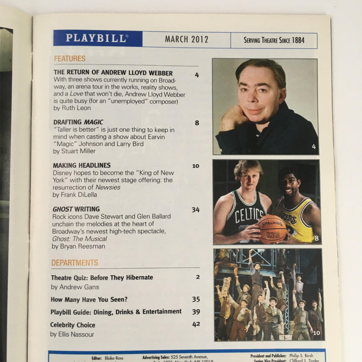 Inside page of the 2012 Playbill for Ghost The Musical, showcasing features and interviews related to the production.