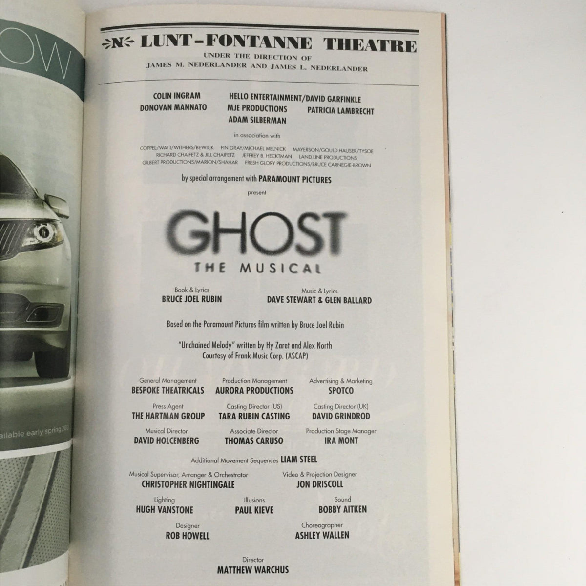 Interior page of the 2012 Playbill for Ghost The Musical, showcasing the cast and creative team at Lunt-Fontanne Theatre, directed by Matthew Warchus.
