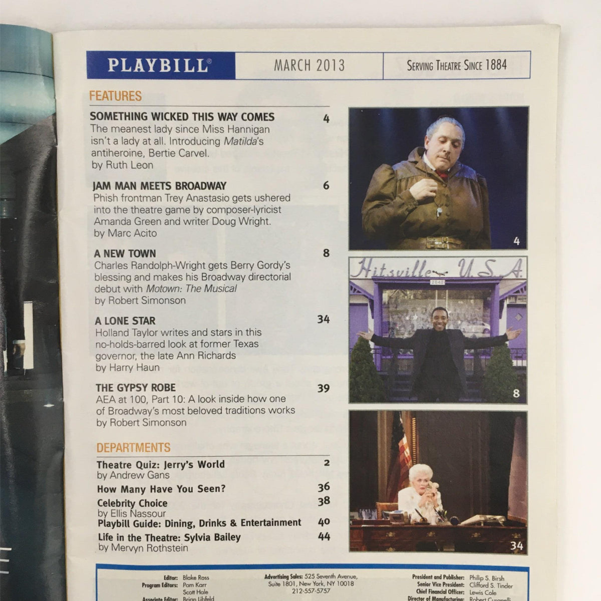 Interior page of the 2013 Playbill for 'Vanya and Sonia and Masha and Spike' showcasing features and articles from March 2013.