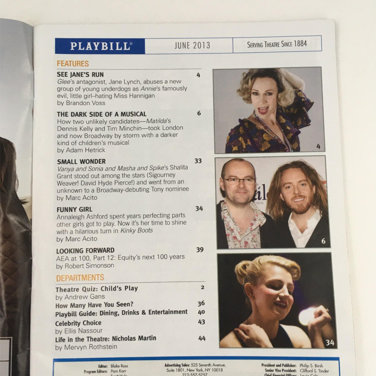 Inside view of the 2013 Playbill for 'Far From Heaven' showcasing features, articles, and pictures from the production, highlighting the theatrical theme and details.
