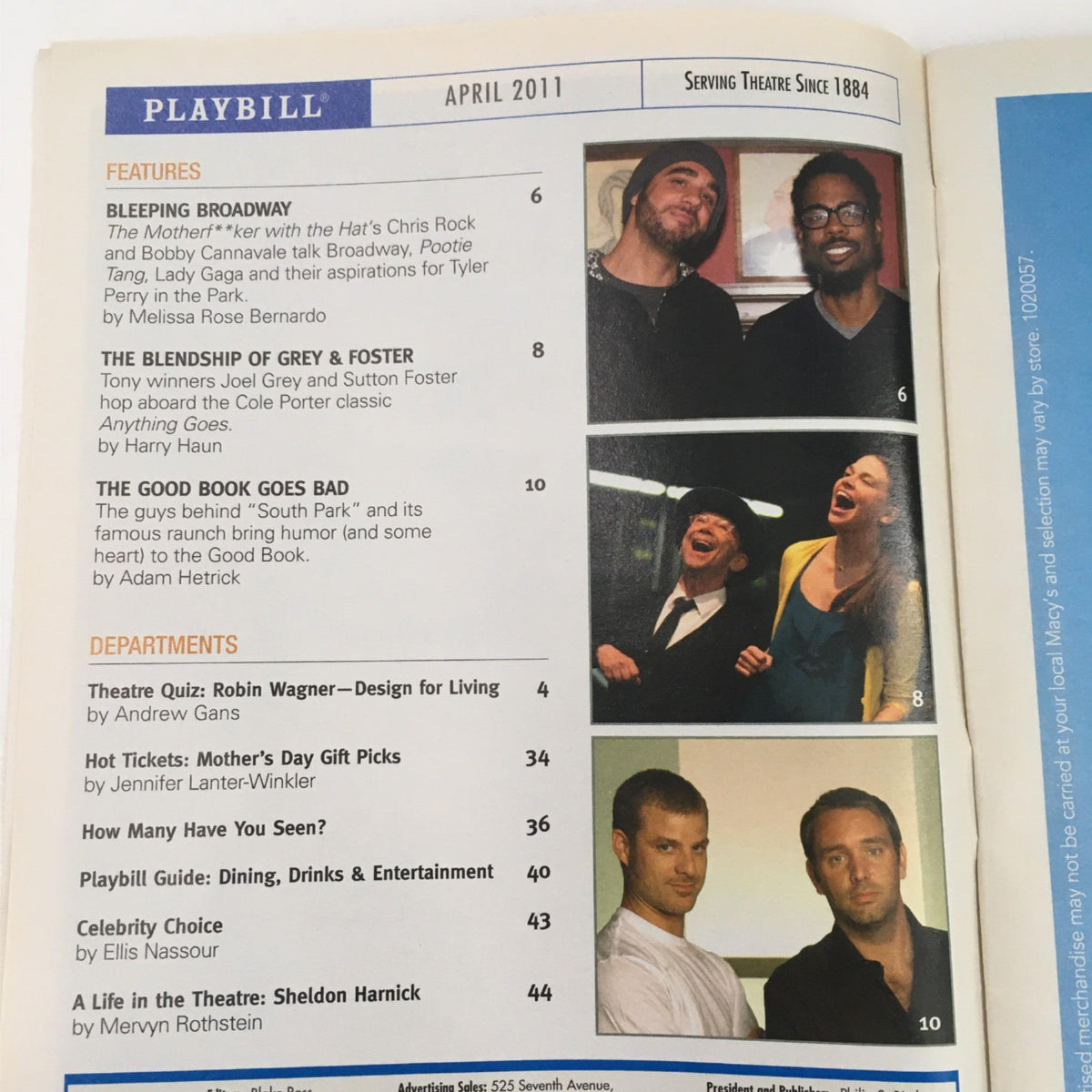 2011 Playbill La Cage Aux Folles showcasing cast and articles featuring notable Broadway works including BLEEPING BROADWAY and THE GOOD BOOK at Longacre Theatre.
