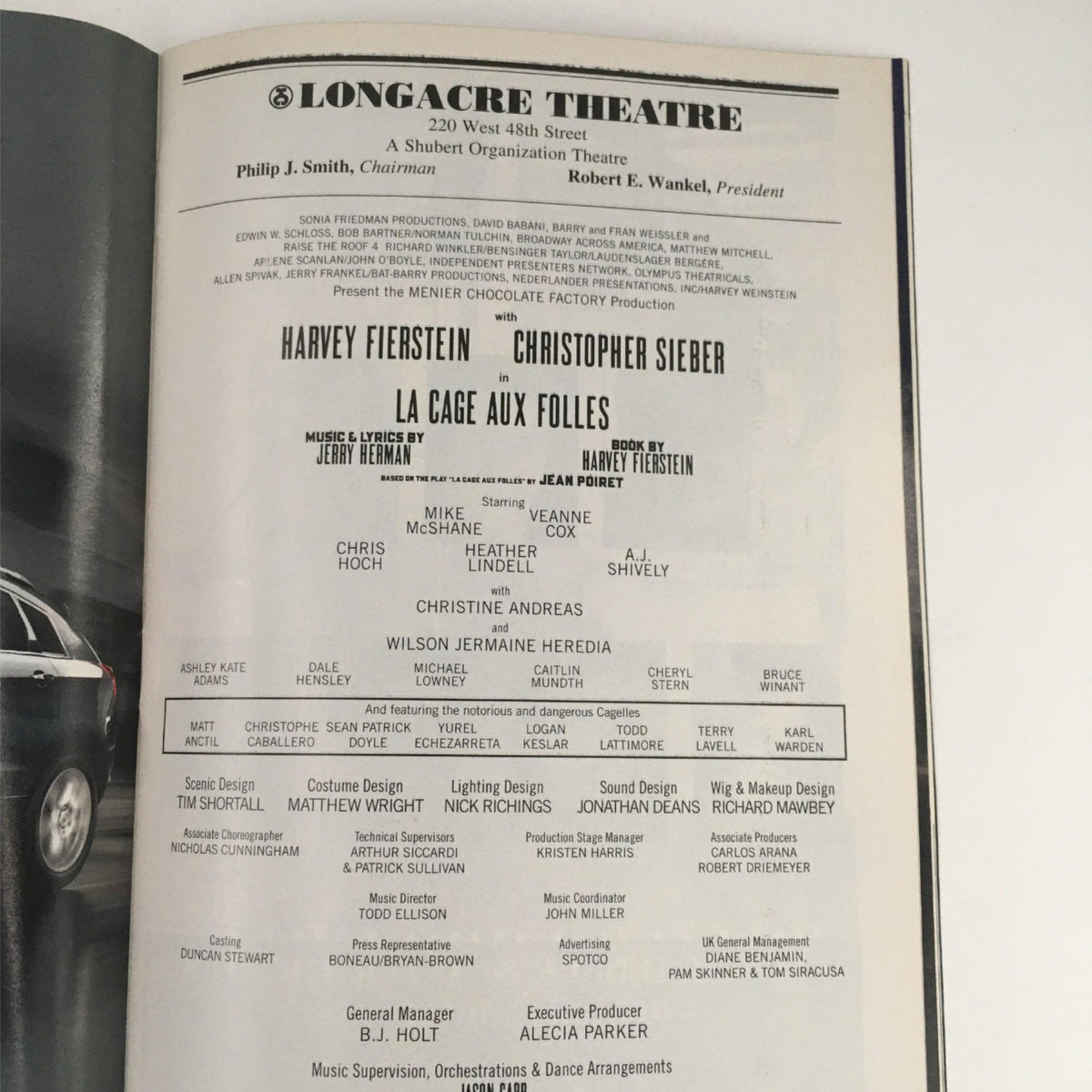 2011 Playbill La Cage Aux Folles detailing the production's credits and creative team, including contributions from Harvey Fierstein at Longacre Theatre.