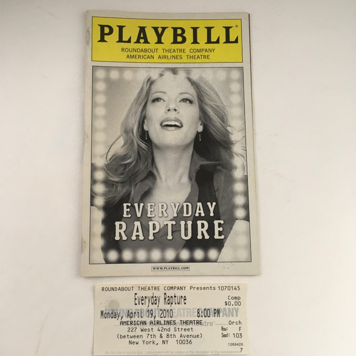 2010 Playbill for Everyday Rapture showcasing the cover featuring a performer at the American Airlines Theatre.