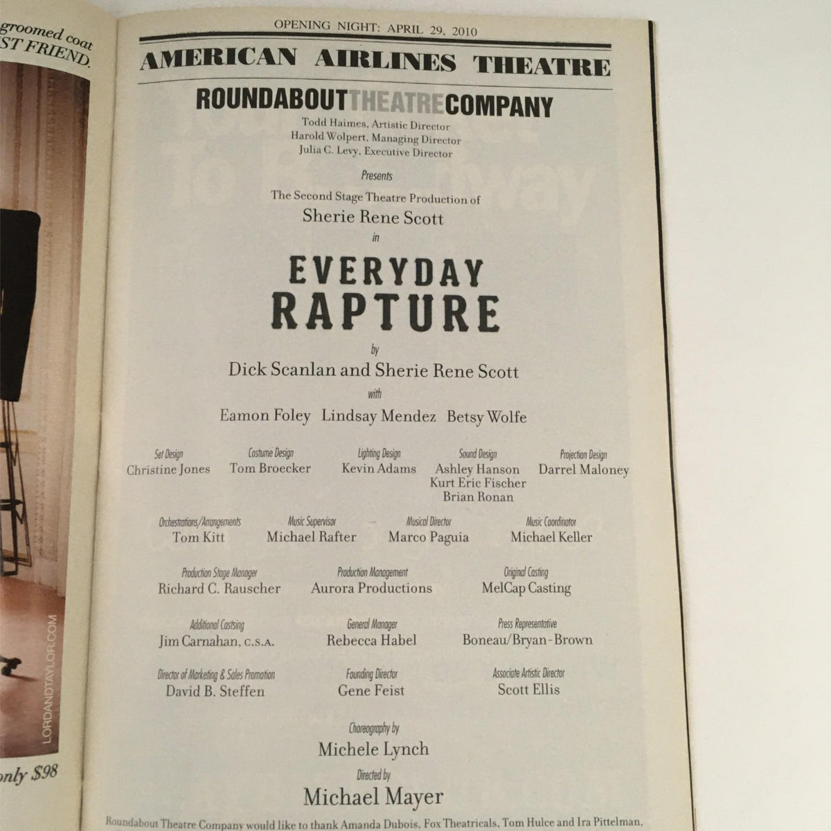 Opening night page for Everyday Rapture at the American Airlines Theatre, featuring cast and crew details.