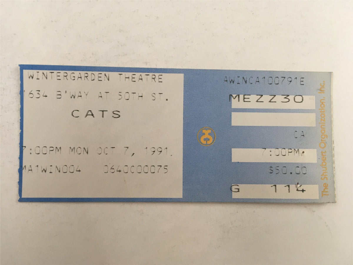 Ticket for Cats Nine Forever at Winter Garden Theatre dated October 7, 1991, highlighting performance time and seating information.