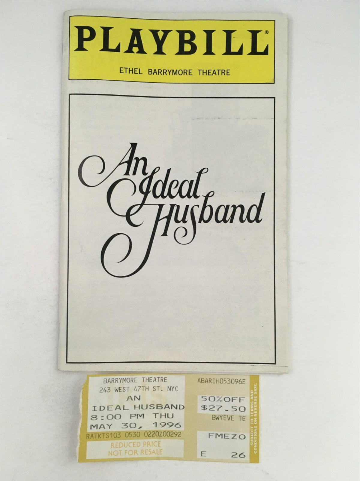 1996 Playbill for 'An Ideal Husband' at Ethel Barrymore Theatre, featuring elegant typography, theater details, and Broadway charm.