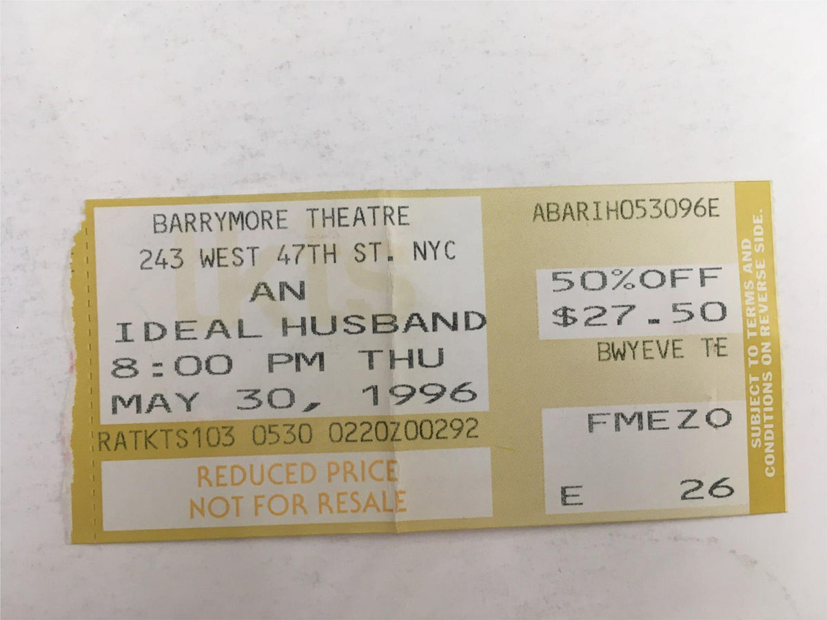 Ticket stub for 'An Ideal Husband' performance at Ethel Barrymore Theatre on May 30, 1996, showcasing original pricing and details.