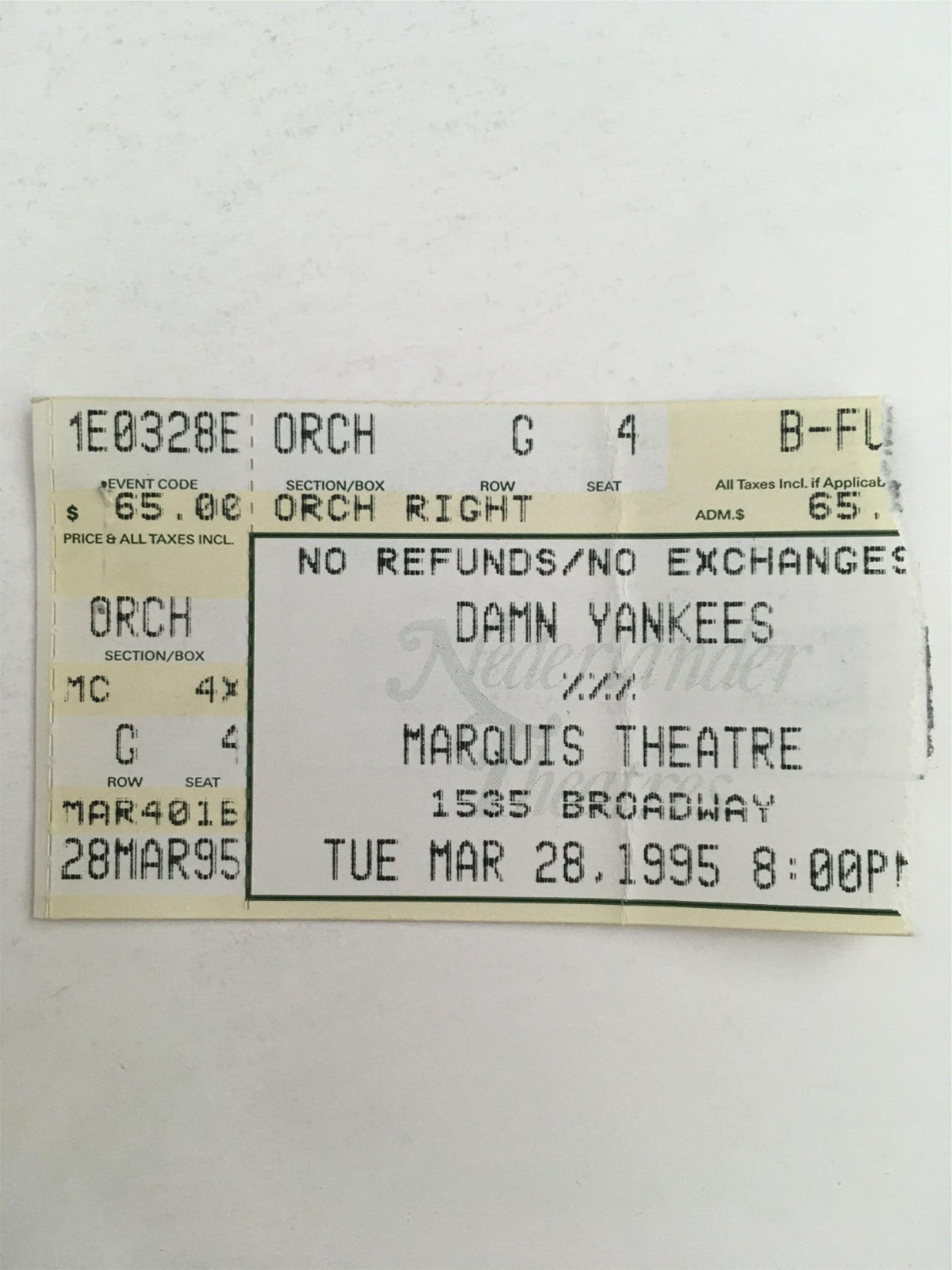 Original ticket for Damn Yankees at the Marquis Theatre dated March 28, 1995, showcasing seating details and price.