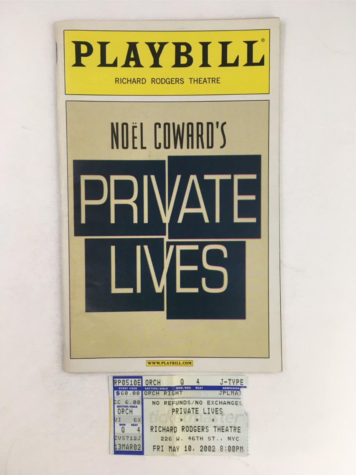2002 Playbill for 'Private Lives' by Noel Coward at Richard Rodgers Theatre, featuring a ticket for the performance dated May 10, 2002.