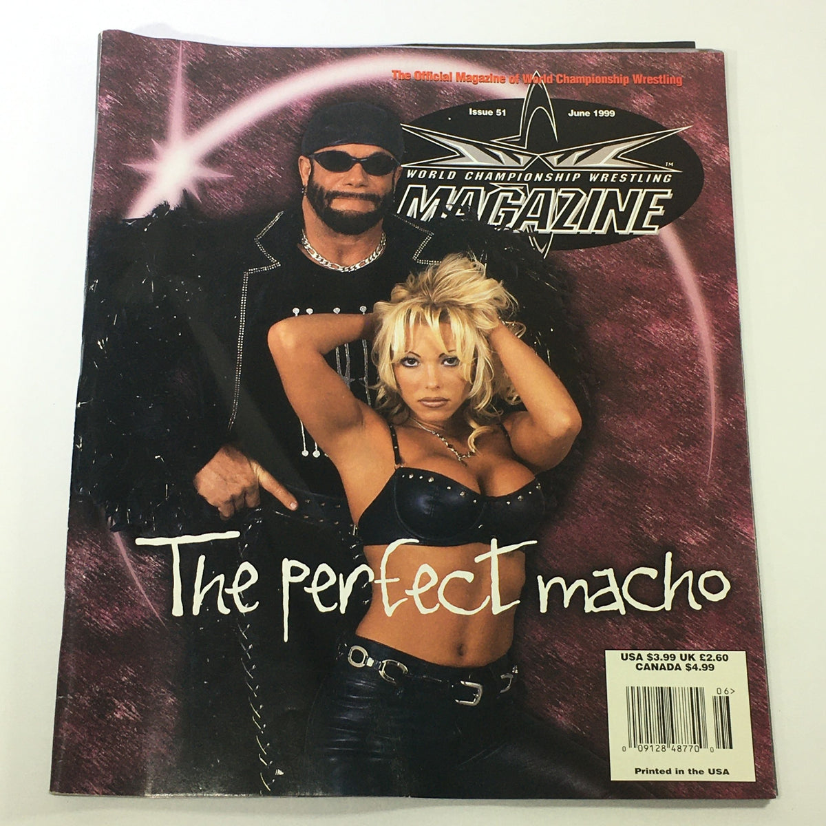 Cover of the June 1999 issue of The World Championship Wrestling Magazine featuring Randy "Macho Man" Savage and a model, emphasizing wrestling culture and memorabilia.