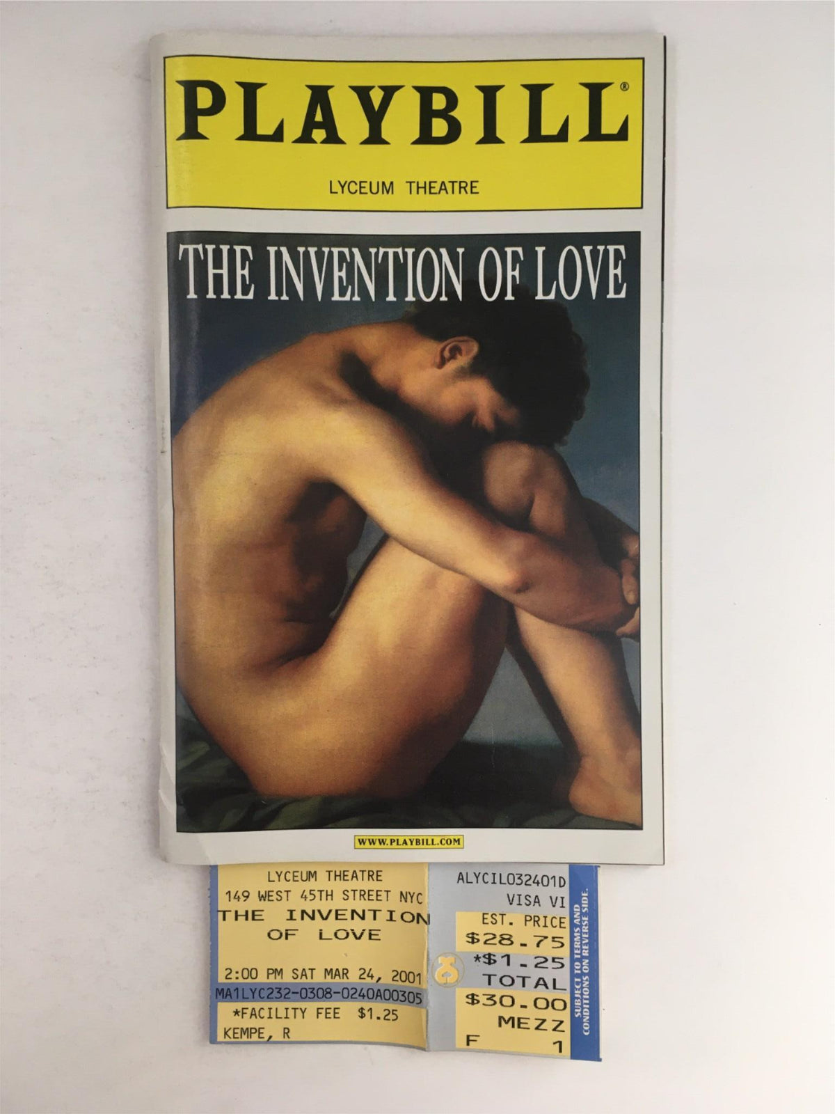 2001 Playbill The Invention of Love by Tom Stoppard with original ticket, showcasing the cover design featuring a dramatic image related to the play.