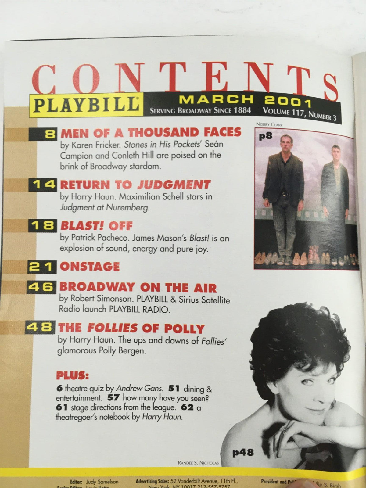 Contents page of the March 2001 Playbill including features on theater performances and articles, showcasing The Invention of Love by Tom Stoppard