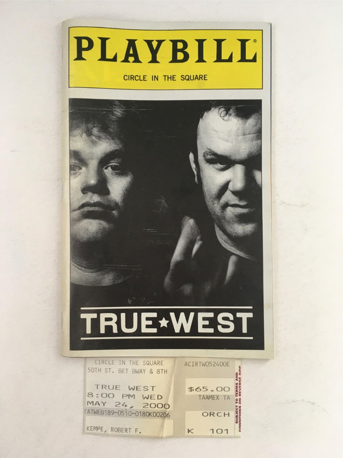 2000 Playbill for True West by Sam Shepard, featuring cover image of performers at Circle In The Square theater, showcasing dynamic expressions and artistic presentation.