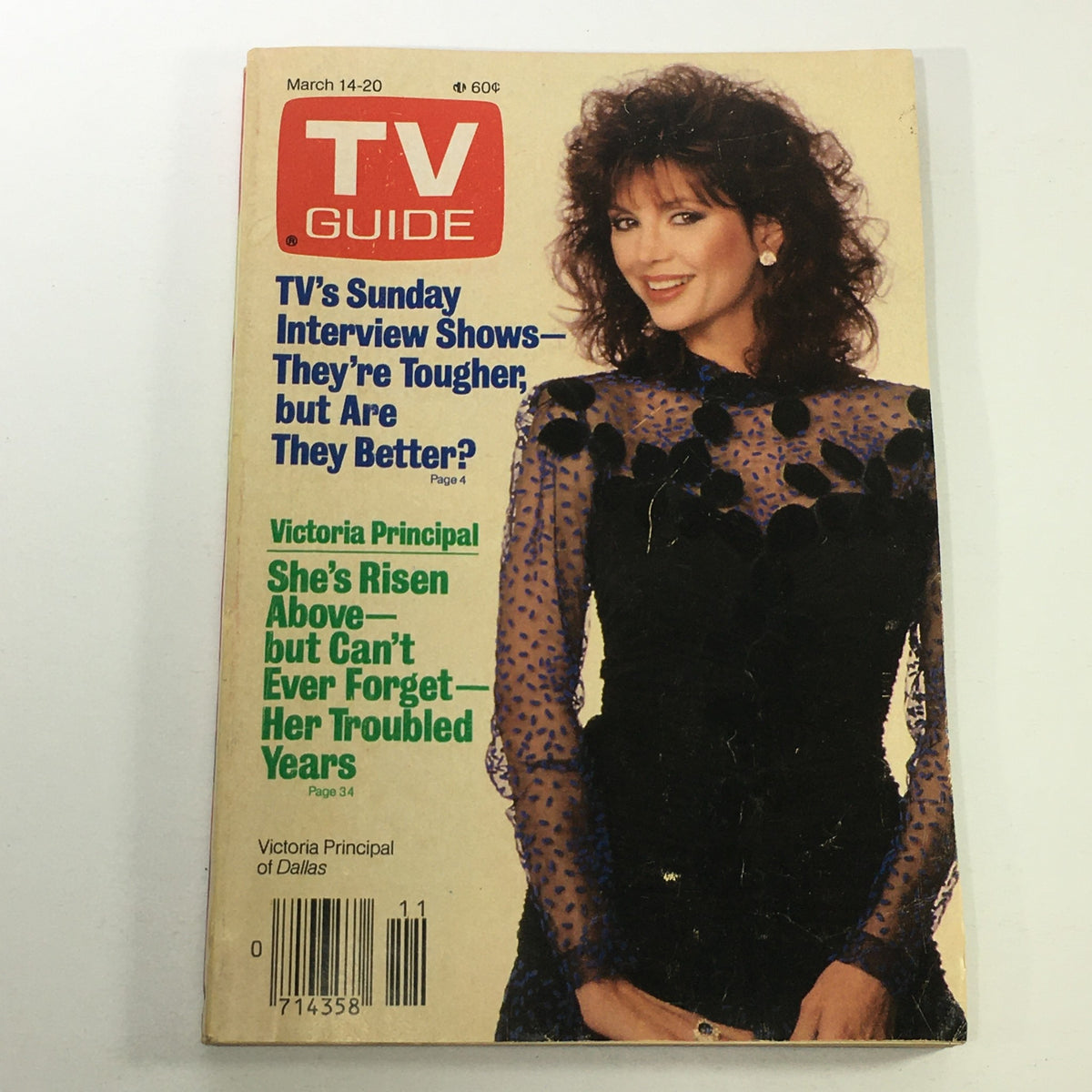 Vintage TV Guide Magazine cover from March 14-20, 1987, featuring Victoria Principal. The magazine showcases bold headlines about television interview shows and provides insights into Victoria Principal's career, notably her role in 'Dallas.' Perfect for collectors and fans of vintage television media.