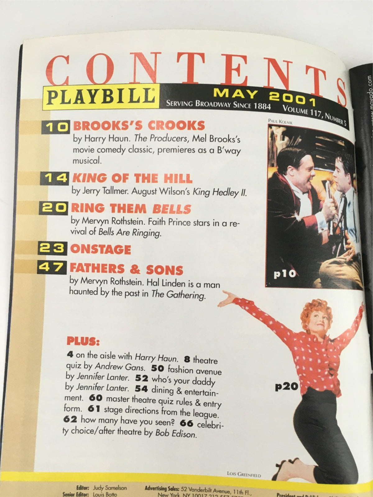 Contents page of the May 2001 Playbill including listings for 'One Flew Over The Cuckoo's Nest' among other performances, highlighting the theatrical diversity.
