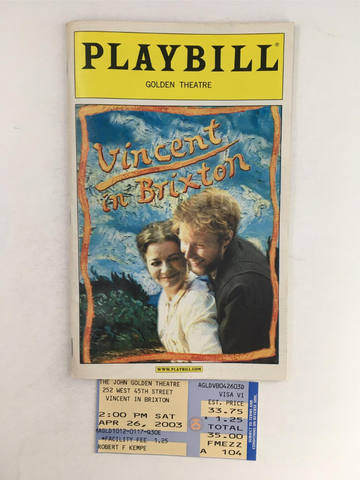 2003 Playbill for 'Vincent in Brixton' featuring the cover art and details of the production at Golden Theatre.