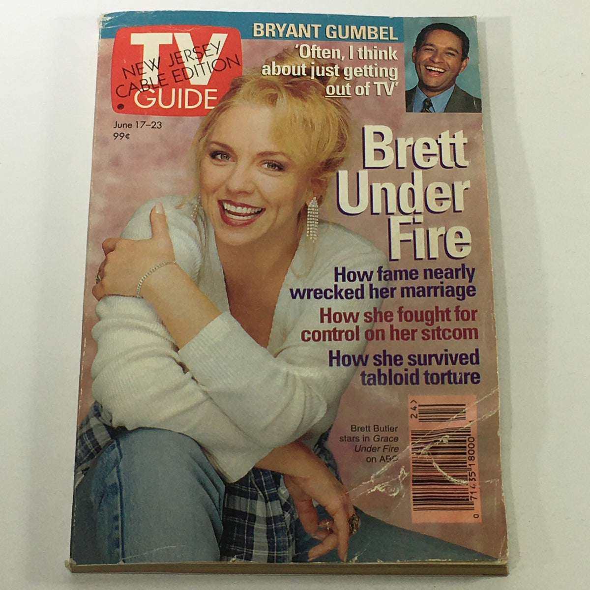 Vintage TV Guide Magazine from June 17-23, 1995 featuring Bryant Gumbel and Brett Butler on the cover. The cover includes the headline 'Brett Under Fire' discussing her experiences with fame. The magazine is in good condition with some minor wear and has a nostalgic appeal for collectors of 90s television history.