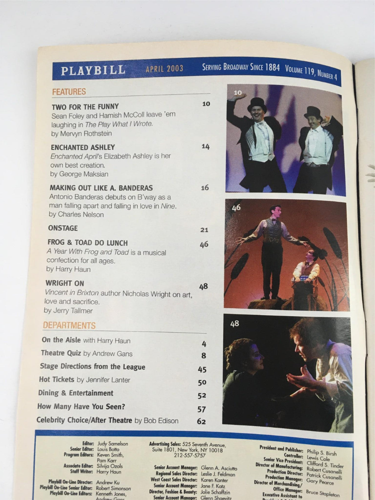 Inside page of the April 2003 Playbill showcasing features and articles related to Broadway productions and the play 'Vincent in Brixton'.