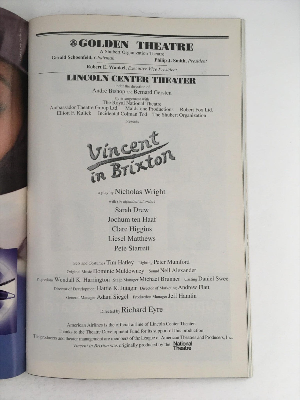 Back page of the 2003 Playbill for 'Vincent in Brixton', listing cast and crew details and production information for the performance.
