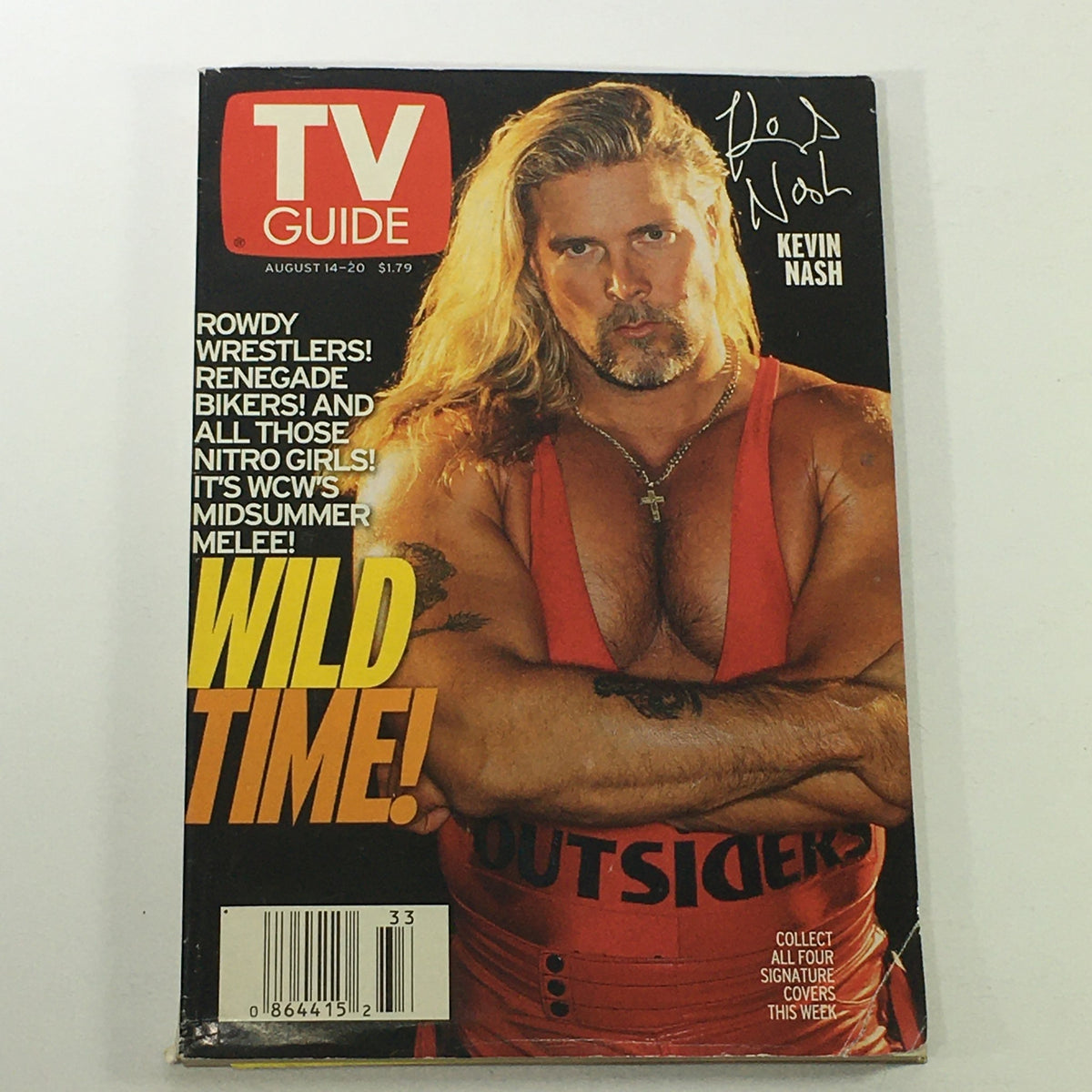 Vintage TV Guide Magazine August 14-20 1999 with Kevin Scott Nash on the cover, showcasing his bold pose in a red wrestling outfit and promoting WCW's Midsummer Mêlée. Perfect collectible for wrestling fans.