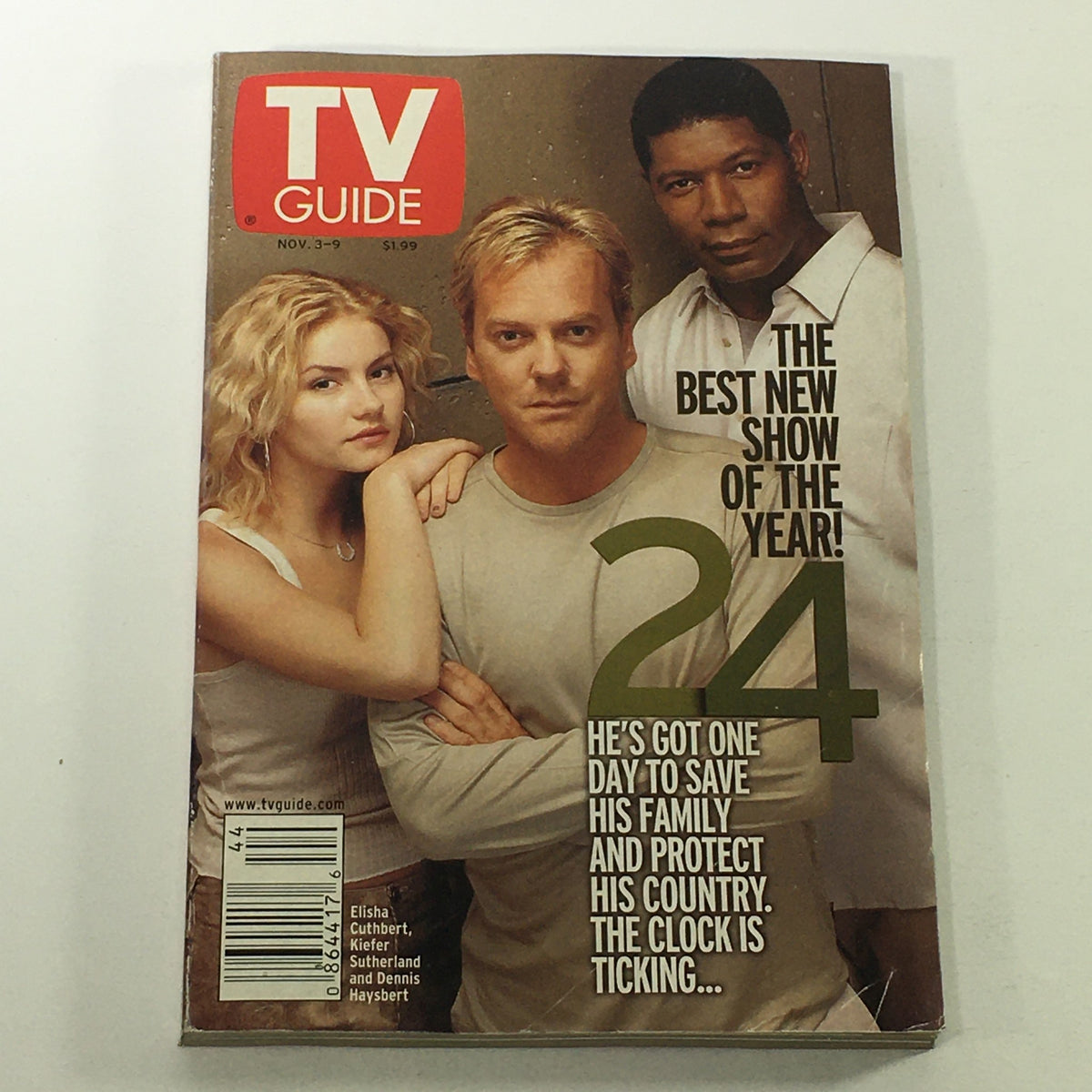 Cover of VTG TV Guide Magazine November 3-9, 2001 featuring Elisha Cuthbert, Kiefer Sutherland, and the tagline about the show '24'. Captures the essence of early 2000s television history.