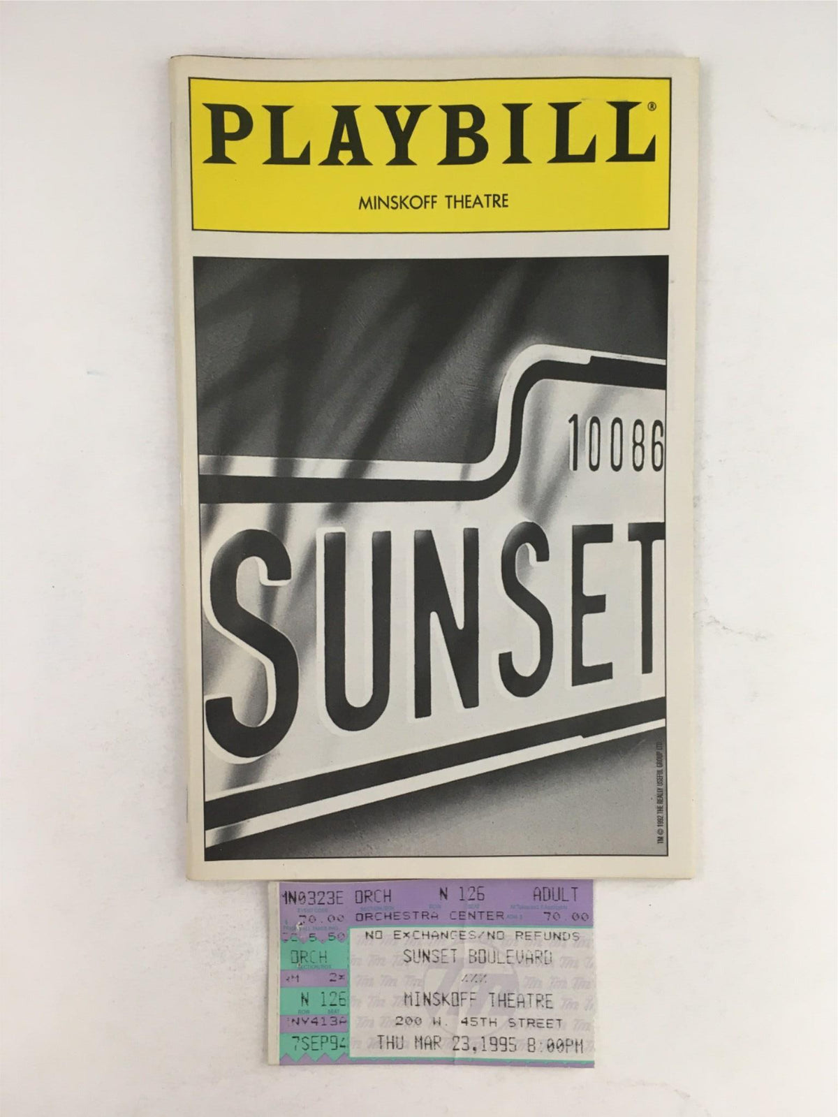 1995 Playbill for Sunset Boulevard at Minskoff Theatre, featuring the original ticket from the performance, capturing a piece of Broadway history.