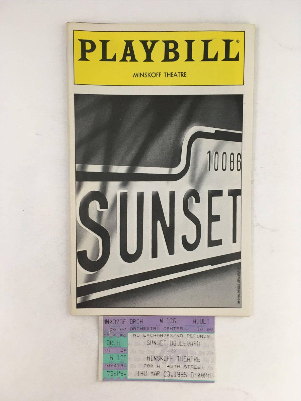 Cover of the 1995 Playbill for Sunset Boulevard, featuring the title prominently alongside a design of the Minskoff Theatre.