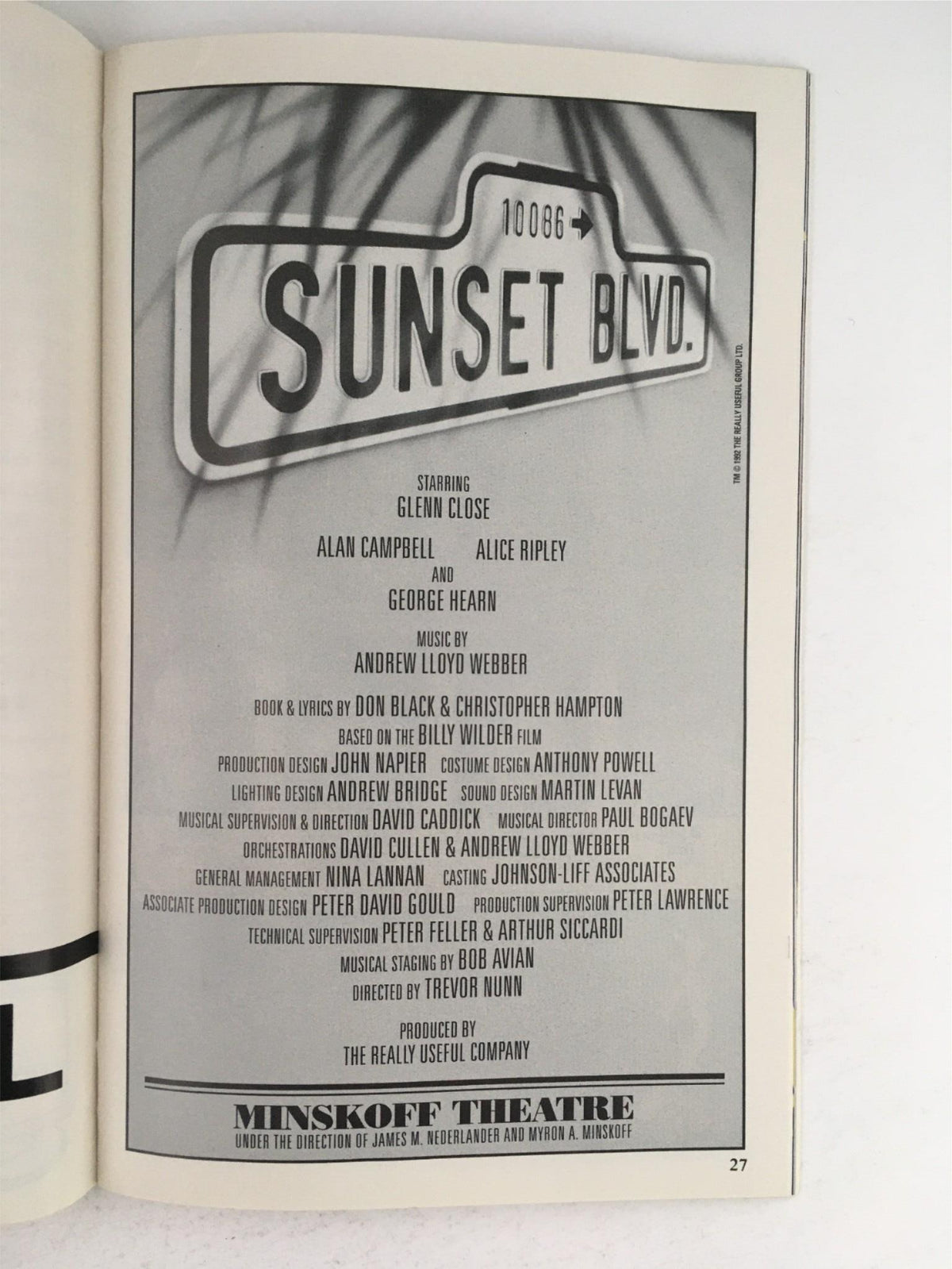 Interior page of the 1995 Playbill for Sunset Boulevard, listing the cast and production team including Glenn Close.