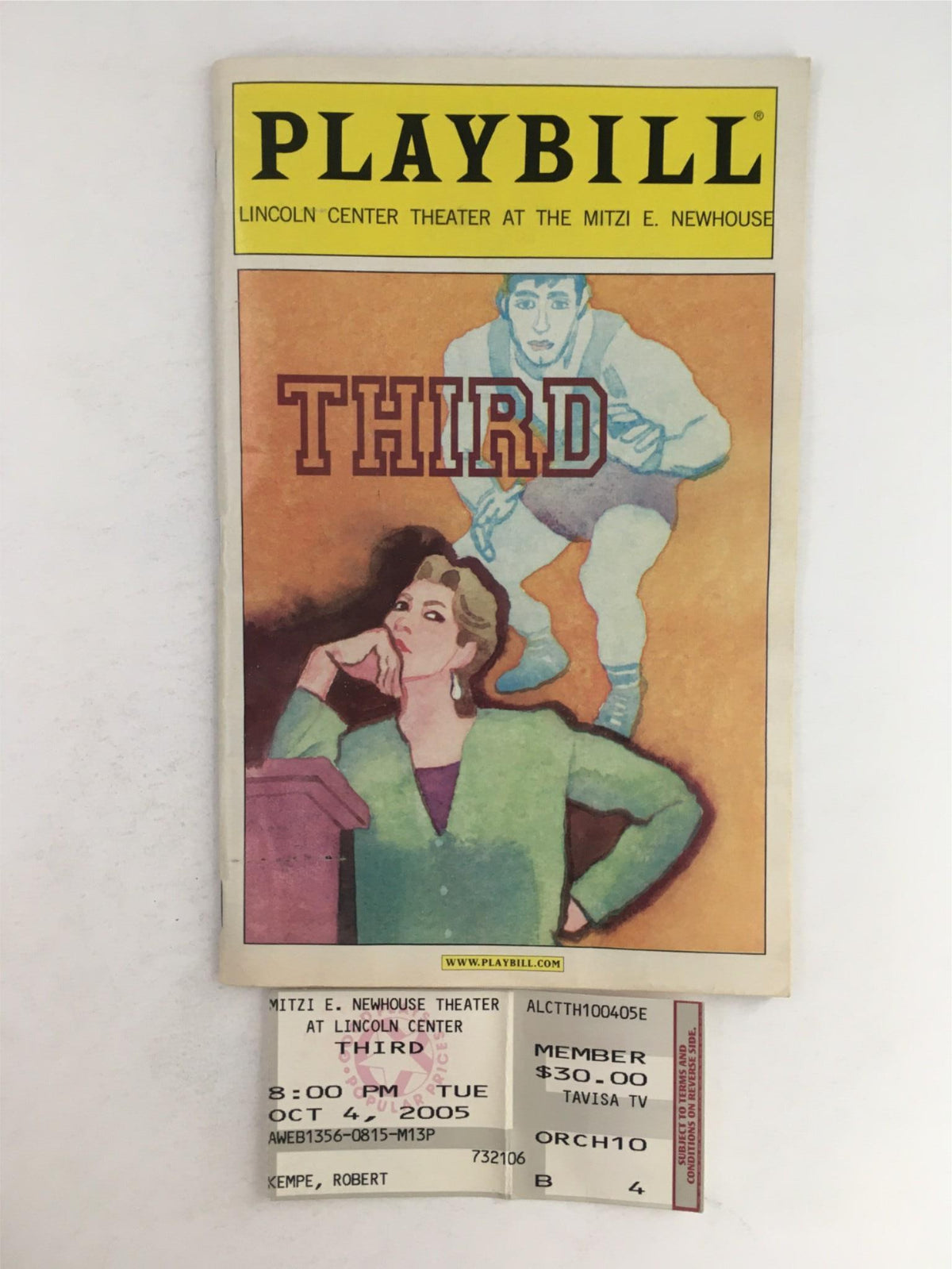 2005 Playbill for 'Third' by Wendy Wasserstein at Lincoln Center Theatre, featuring cover art with a woman and a man in a playful scene.