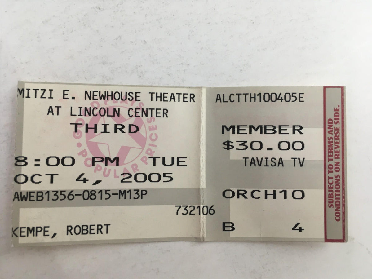 Original ticket for 'Third' by Wendy Wasserstein at Lincoln Center Theatre, dated October 4, 2005, showing performance details and seating information.