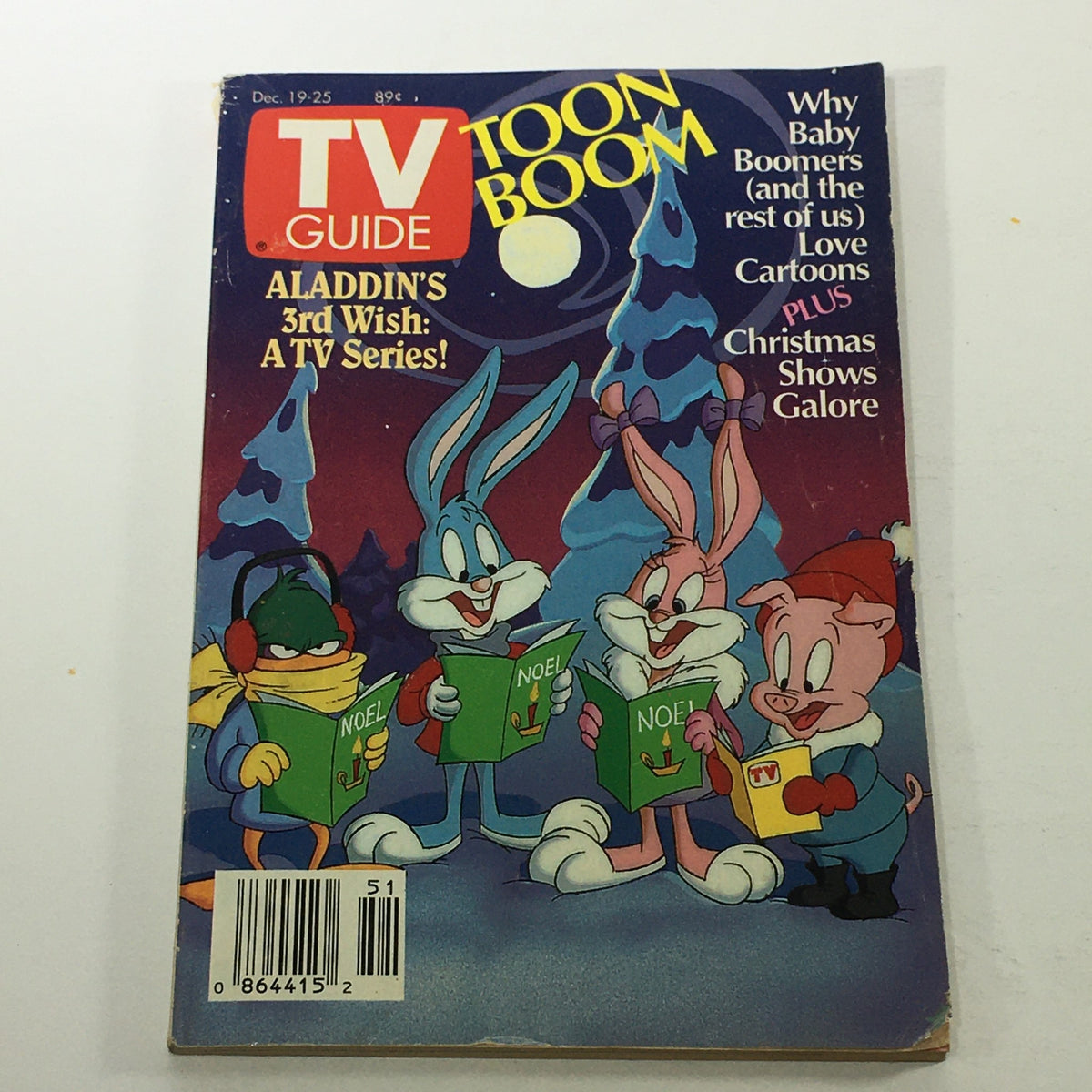 VTG TV Guide Magazine December 19-25 1992 featuring Bugs and Lola Bunny on the cover, showcasing Looney Tunes characters in a festive, winter-themed illustration. Ideal for collectors of vintage magazines and animation memorabilia.