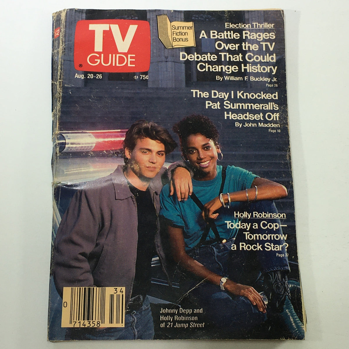 Vintage TV Guide Magazine cover from August 20-26, 1988 featuring Johnny Depp and Holly Robinson, showcasing their iconic roles in '21 Jump Street'. The cover highlights various television features, including an election debate article and insights into the media of the late 80s.