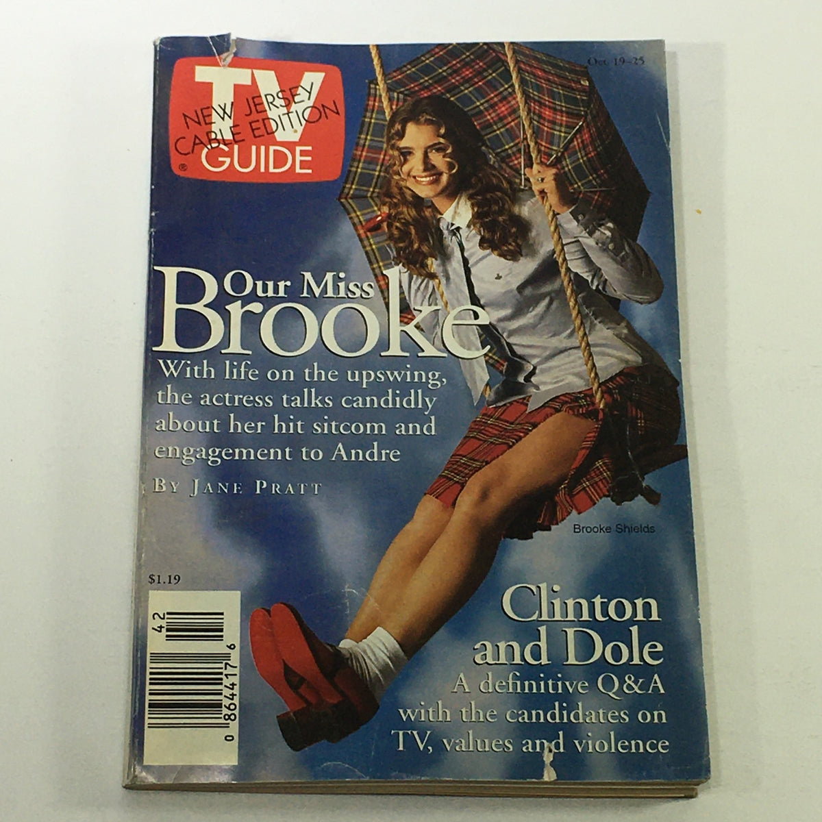 VTG TV Guide Magazine October 19-25 1996 featuring Brooke Shields on the cover, designed by Jane Pratt, showcasing the actress in a playful pose with an umbrella.