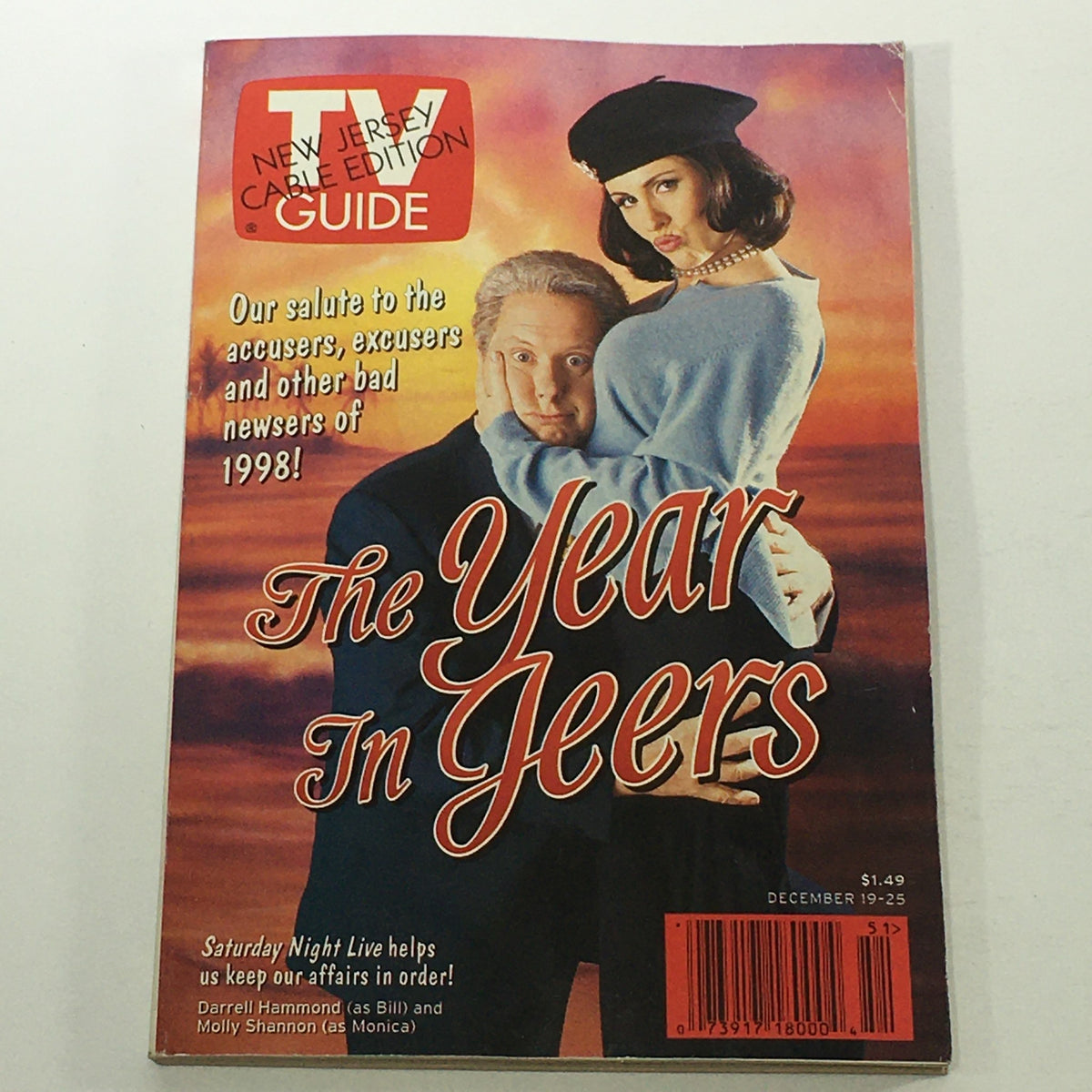 VTG TV Guide Magazine December 19-25 1998 featuring Darrell Hammond and Molly Shannon on the cover, highlighting the theme 'The Year In Jeers' with a colorful design, ideal for collectors of television memorabilia.
