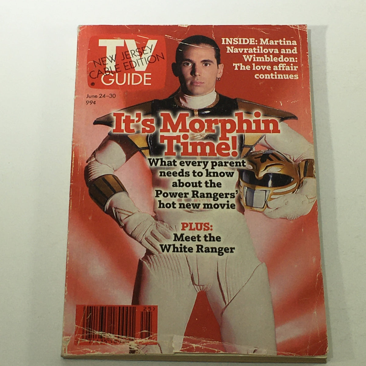 Vintage TV Guide Magazine cover from June 24-30, 1995 featuring Jason David Frank as the White Ranger, highlighting the phrase 'It's Morphin Time!' and discussing the Power Rangers' new movie.