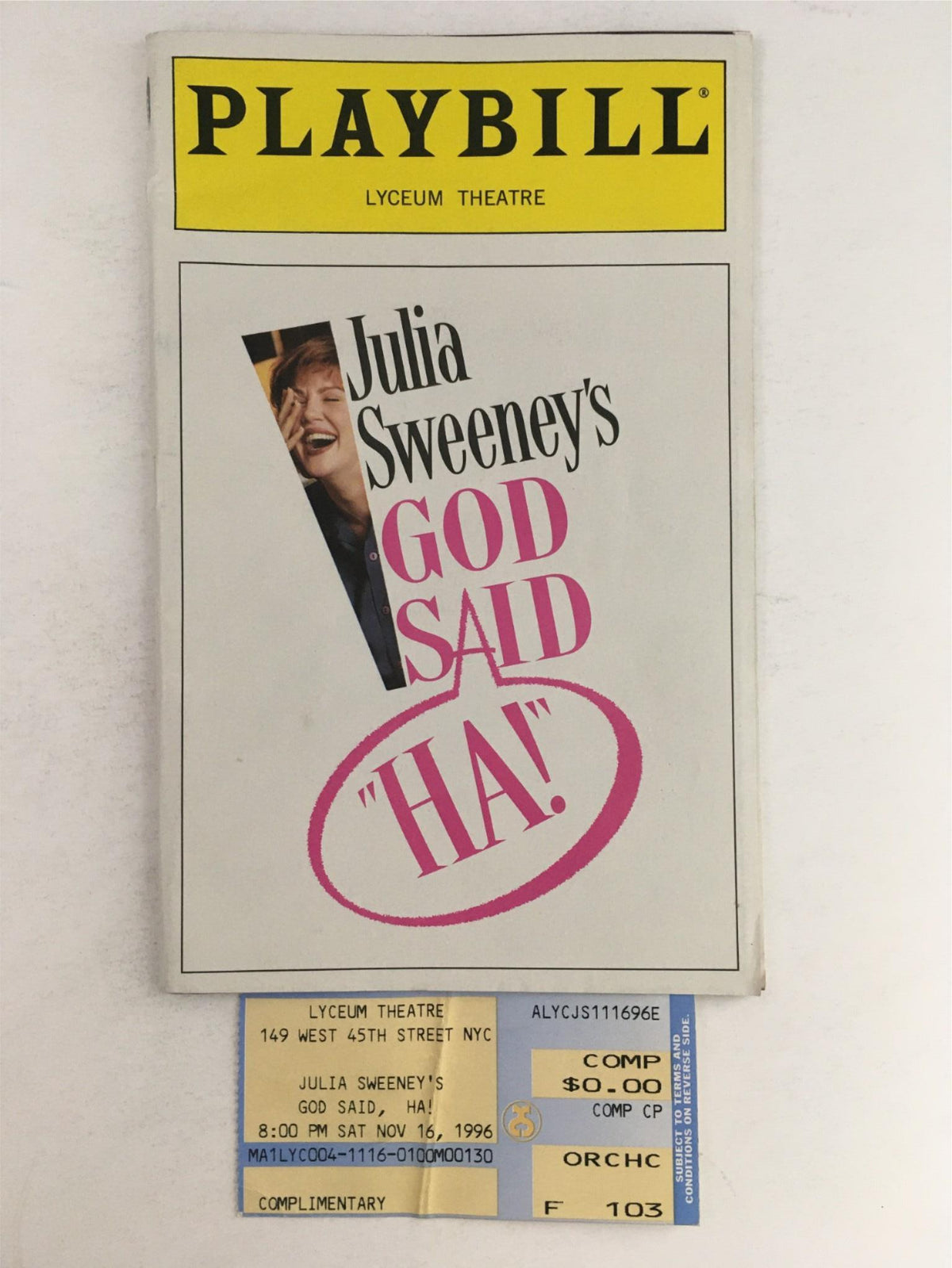 1996 Playbill for God Said HA! by Julia Sweeney at Lyceum Theatre featuring a colorful cover and a playful design.