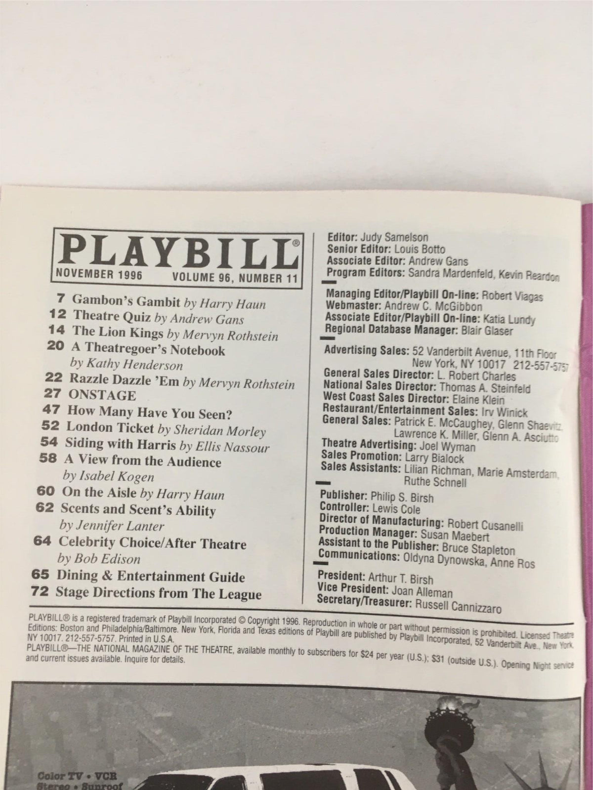 Playbill from November 1996 featuring the program details for theatrical productions, including Julia Sweeney's God Said HA! at Lyceum Theatre, highlighting performances by various actors.