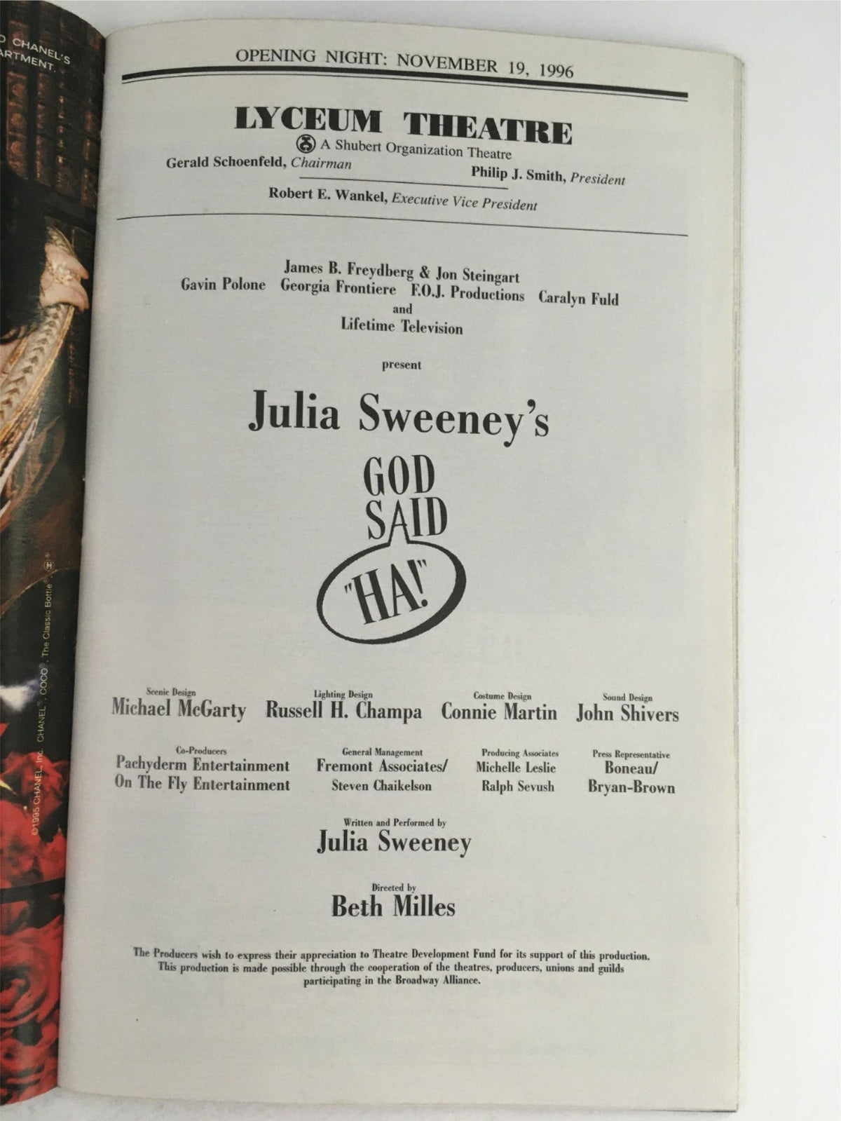 Opening night program for Julia Sweeney's God Said HA! at Lyceum Theatre on November 19, 1996, showcasing cast and production credits.
