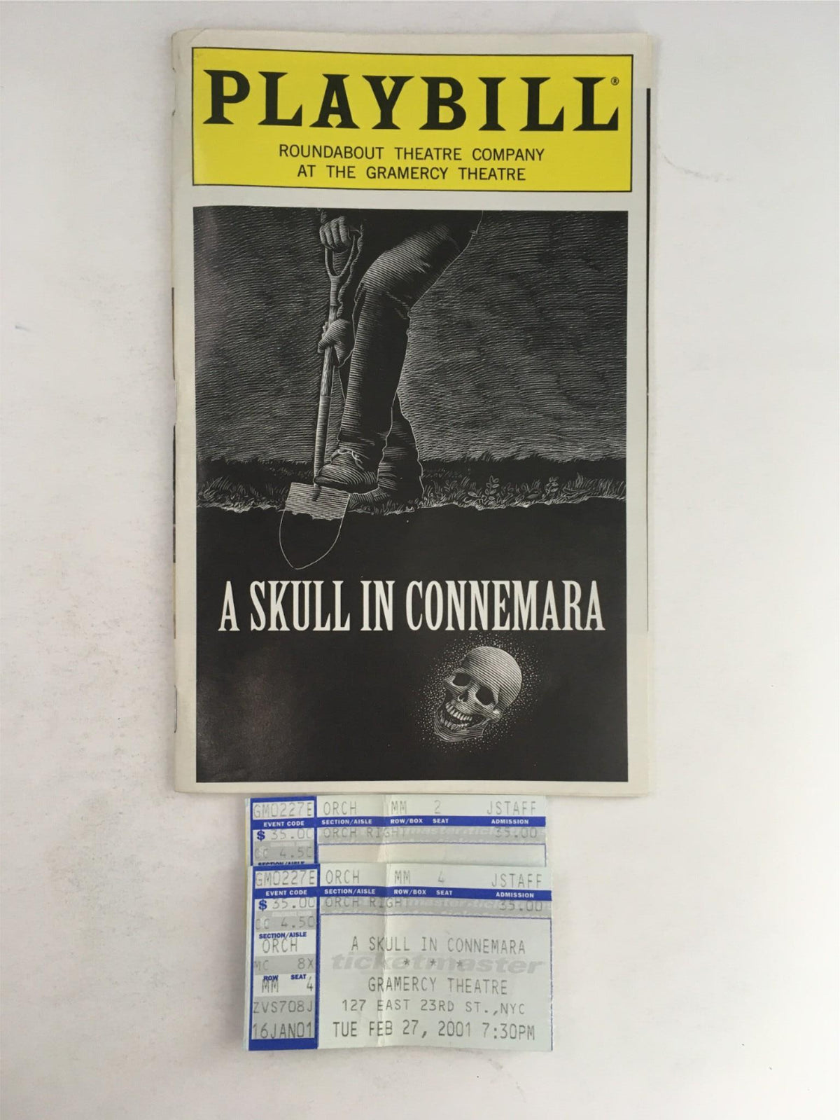 2001 Playbill for 'A Skull In Connemara' at Gramercy Theatre showing the front cover featuring a dark theme with a shovel and skull.