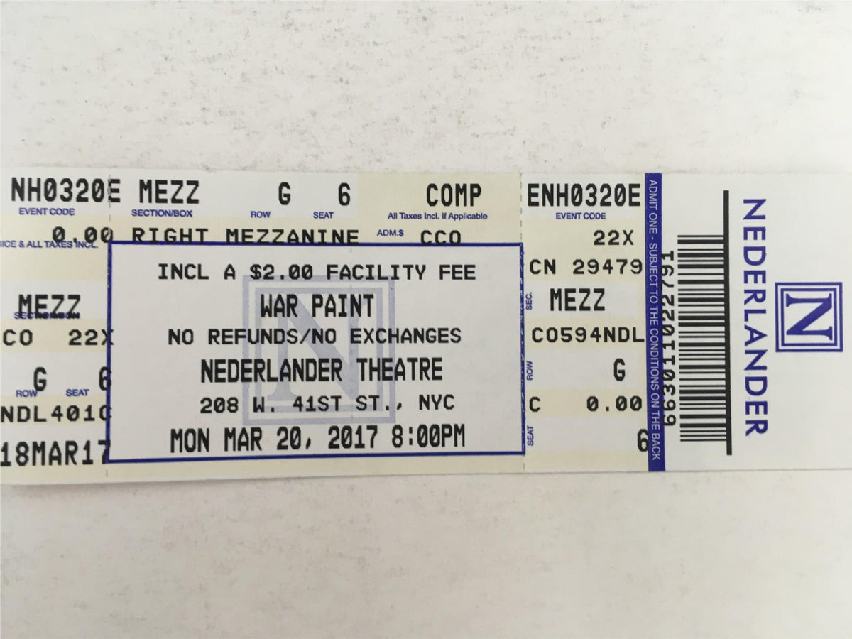 Original ticket stub for War Paint at Nederlander Theatre dated March 20, 2017. Includes show details and seating information.