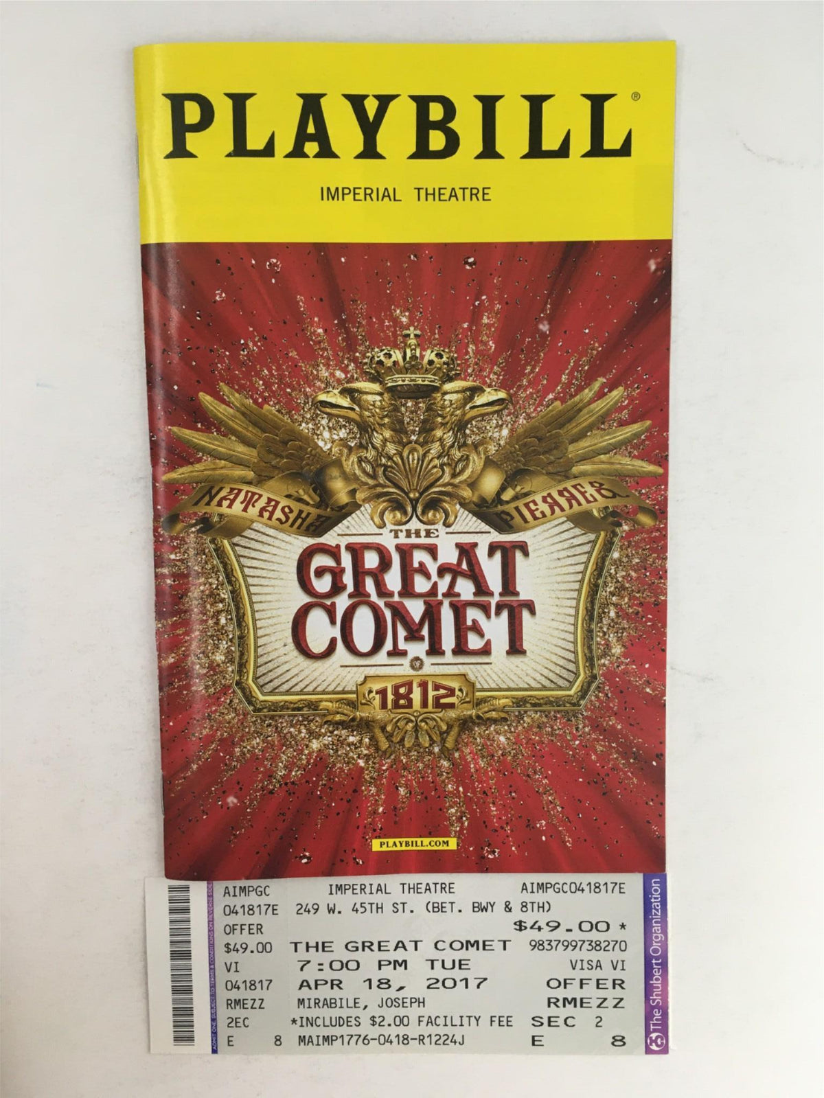 2017 Playbill for The Great Comet 1812 by Dave Malloy at Imperial Theatre featuring vibrant red and gold design and original ticket included.