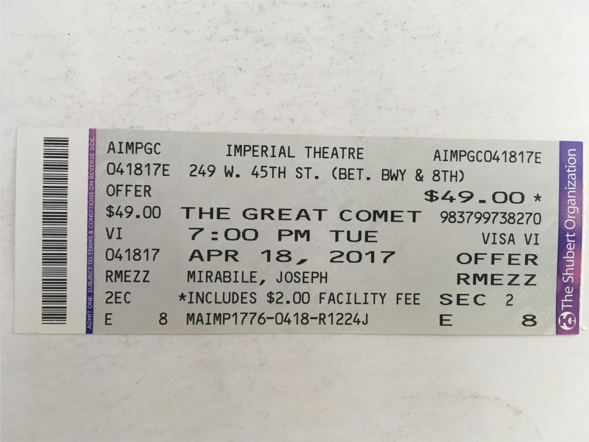 Ticket for The Great Comet 1812 at Imperial Theatre, dated April 18, 2017, featuring details of the show and seating.