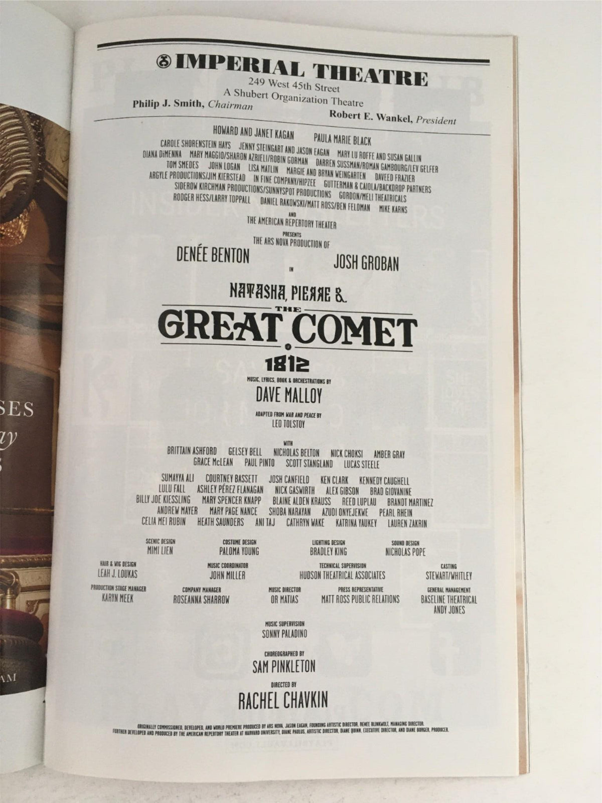 Interior page of the 2017 Playbill for The Great Comet 1812 by Dave Malloy, featuring cast and crew details at the Imperial Theatre. This page showcases the production elements and key contributors, enhancing the historical significance of this collectible item.