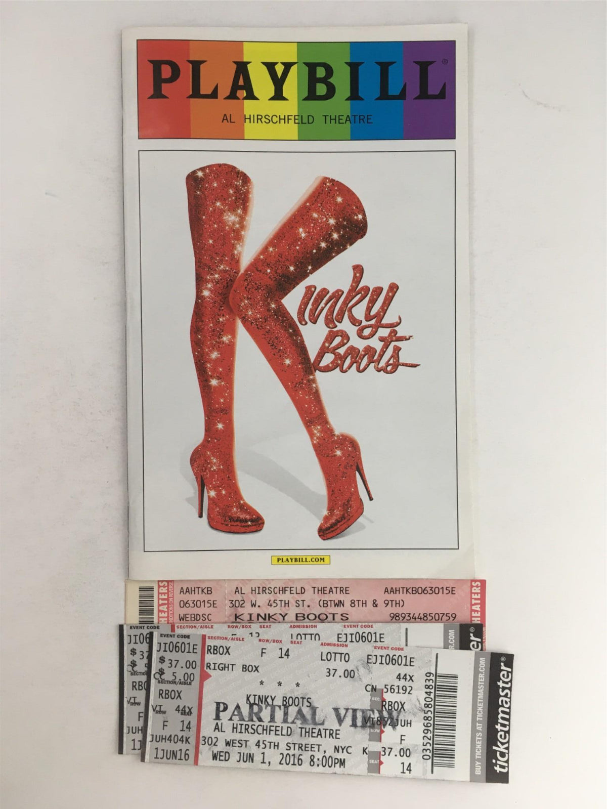 2016 Playbill Kinky Boots by Cyndi Lauper featuring vibrant red glittery knee-high boots, showcasing the title and Al Hirschfeld Theatre details, along with original ticket stubs included, in very good condition.