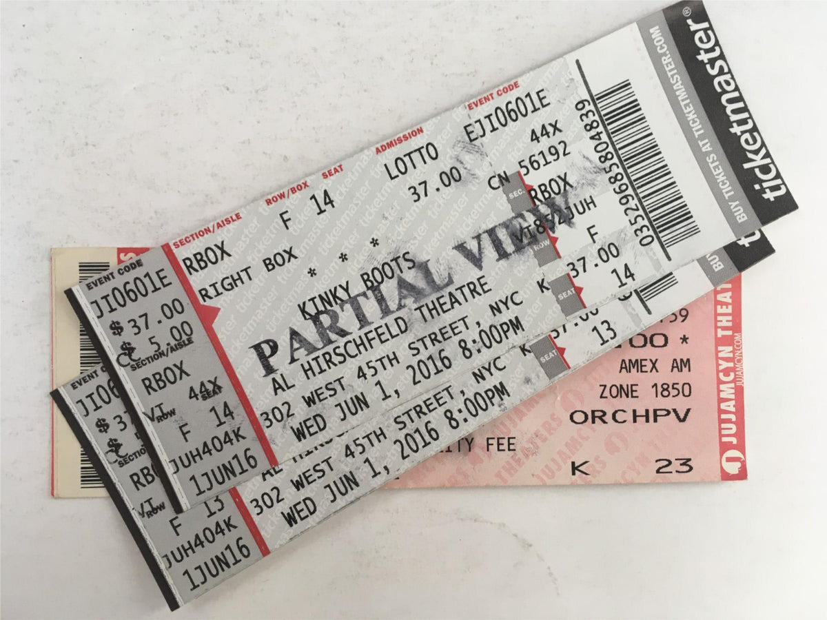 2016 Playbill Kinky Boots by Cyndi Lauper featuring original ticket stubs from Al Hirschfeld Theatre, showcasing the date and seat information for the performance.