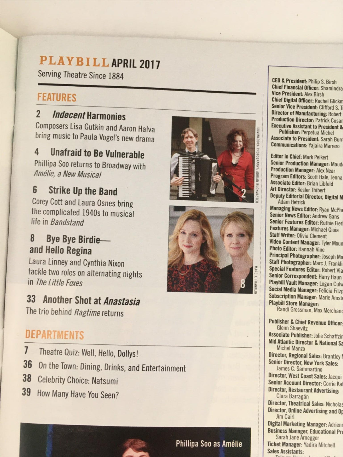 April 2017 Playbill page featuring articles and features related to Broadway shows, part of the 2017 Playbill for Miss Saigon by Bob Avain.