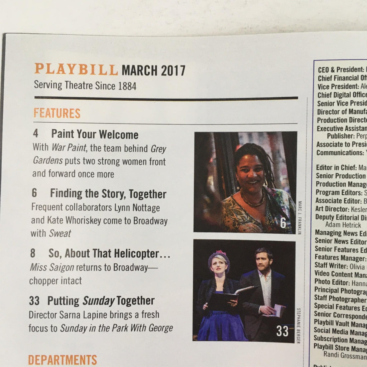 2017 Playbill for 'The Glass Menagerie' by Tennessee Williams, showcasing features and articles from March 2017, including mentions of other theatre productions.