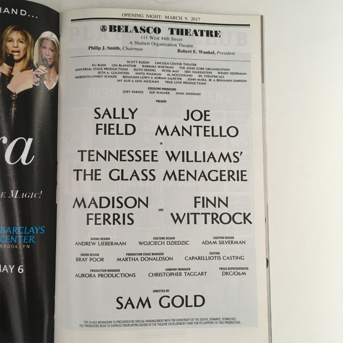 2017 Playbill for 'The Glass Menagerie' by Tennessee Williams, highlighting the cast and production details, directed by Sam Gold, at the Belasco Theatre.