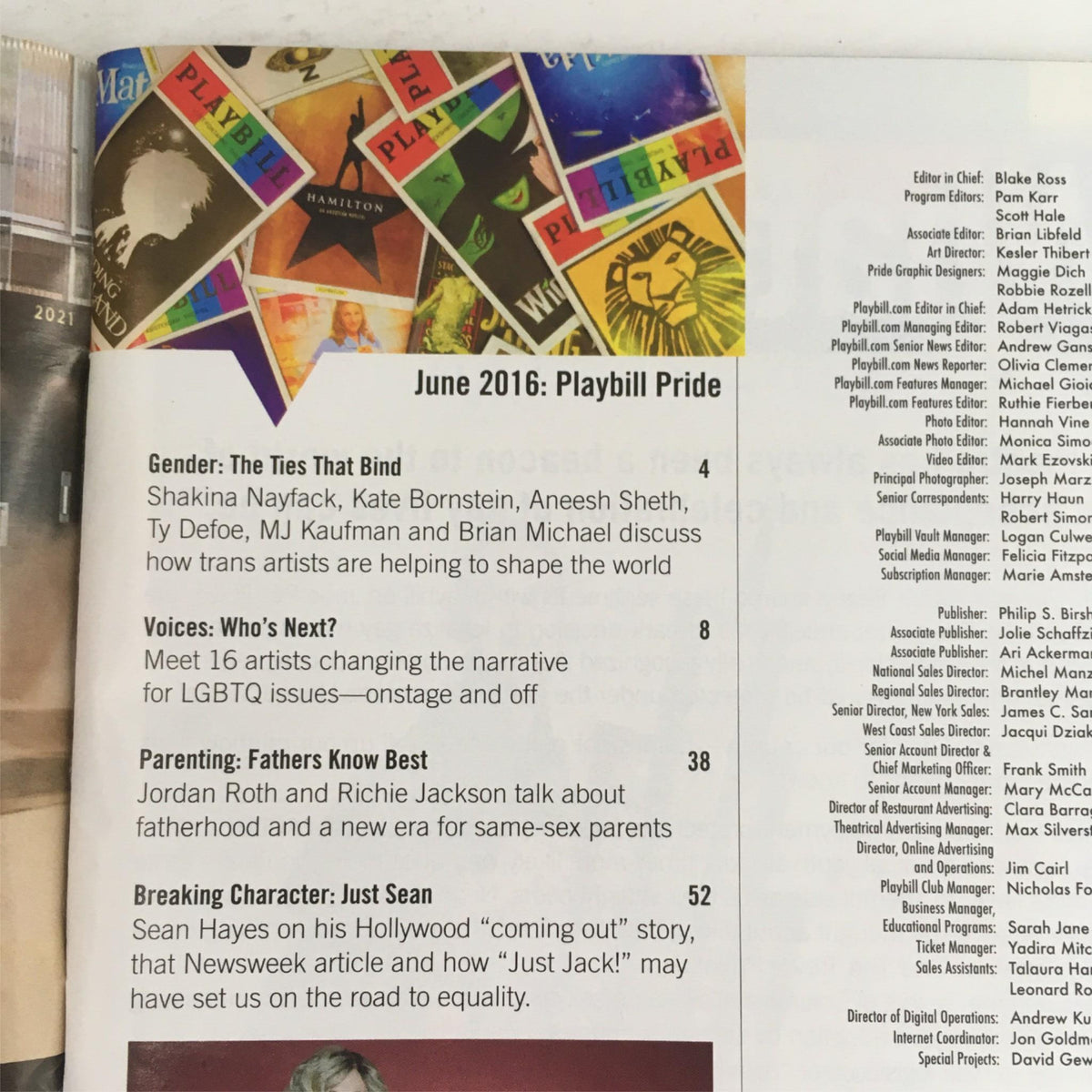 Interior page of the 2016 Playbill for The King and I highlighting the Playbill Pride section from June 2016, showcasing important narratives and contributors.