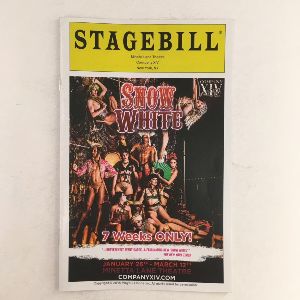 2015 Stagebill for Snow White by Austin McCormick at Minetta Lane Theatre, showcasing a theatrical performance with colorful imagery and actors in costume, promoting a limited engagement.